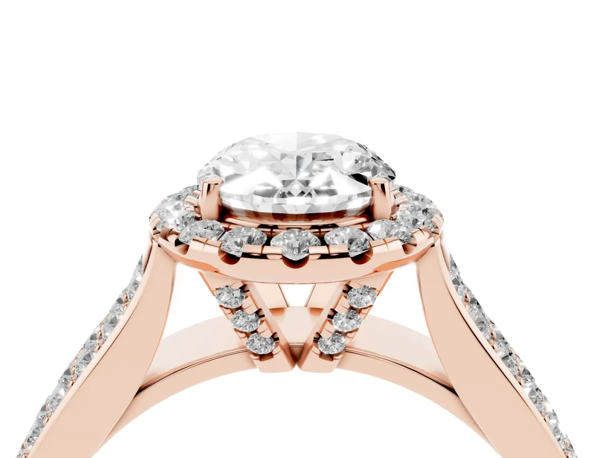 Oval Cut Halo Round Diamond Pave Band with Prong Setting Rose gold