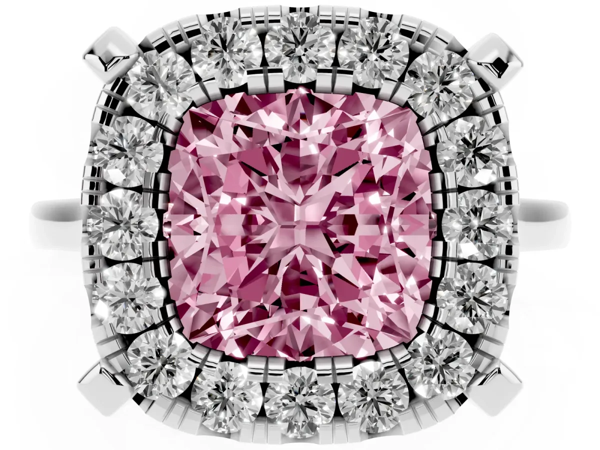 Fancy Pink Cushion Cut Diamond Cluster Halo Solitaire with Four-Prong Setting Silver