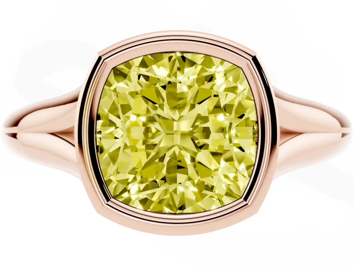 Fancy Yellow Bezel Set Cushion Cut Solitaire Diamond Ring with Smooth Band Rose gold