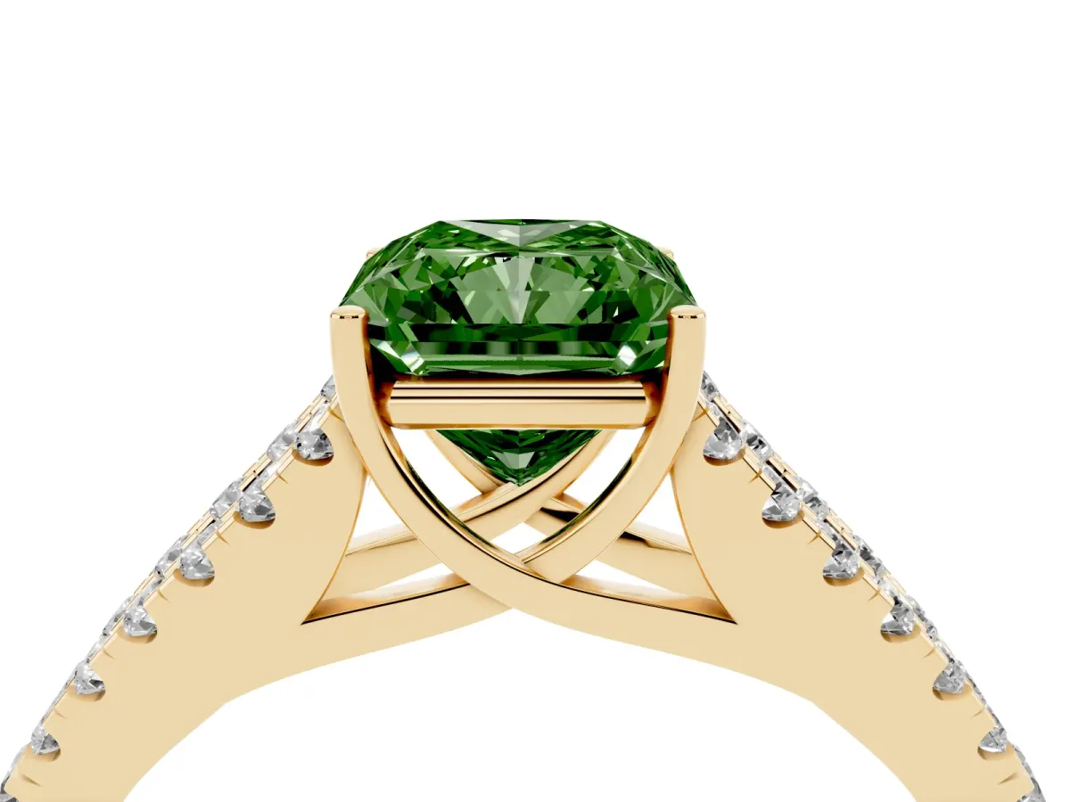Fancy Green Radiant Cut Diamond Split Shank Engagement Ring with Round Pavé and Prong Setting Yellow gold