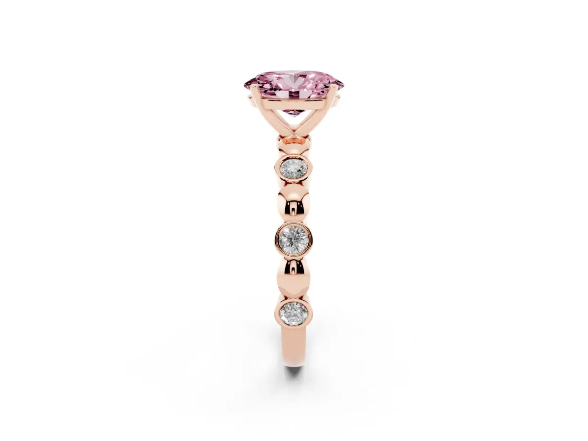 Fancy Pink Oval Cut Solitaire Bezel-Set Diamond Ring with Beaded Band and Four-Prong Setting Rose gold