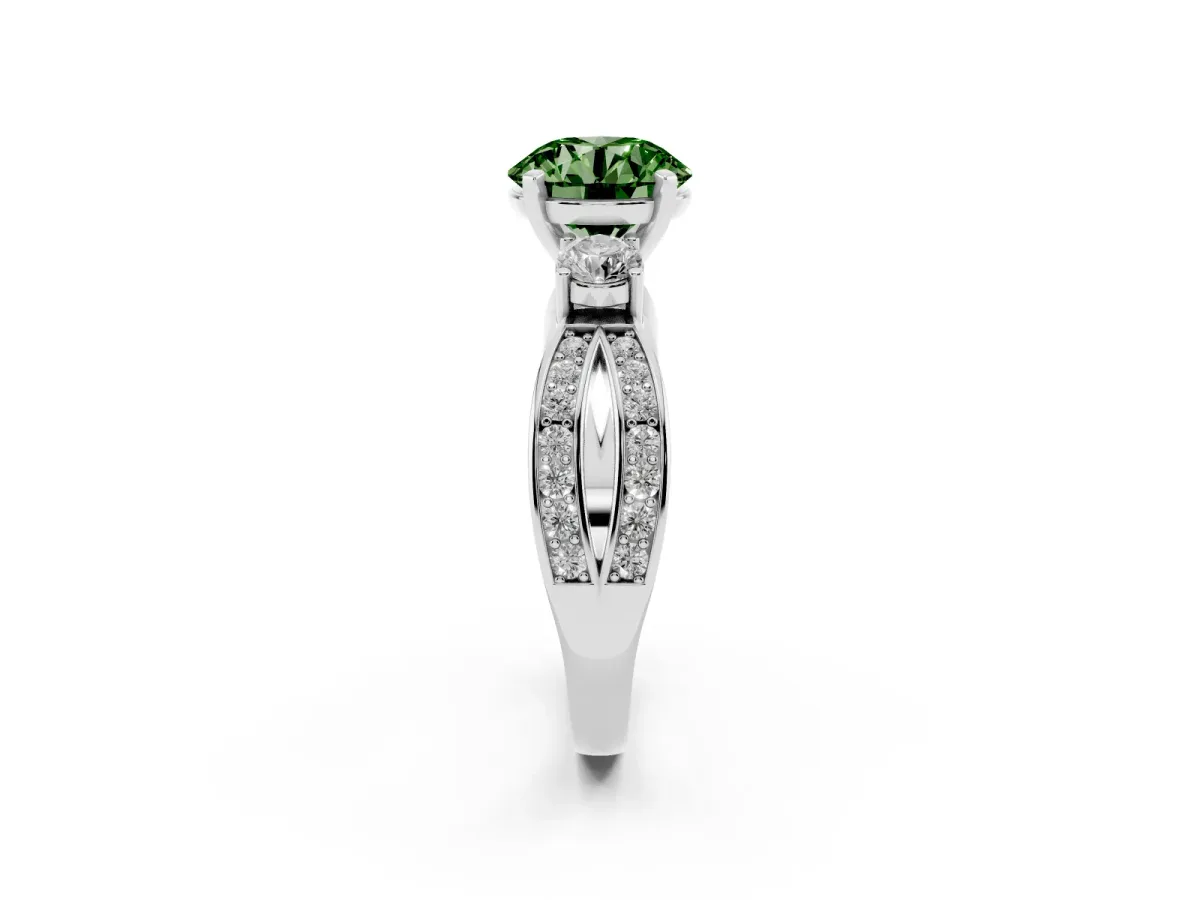 Fancy Green Three-Stone Round Cut Cut Diamond Twist Band with Prong Setting Silver