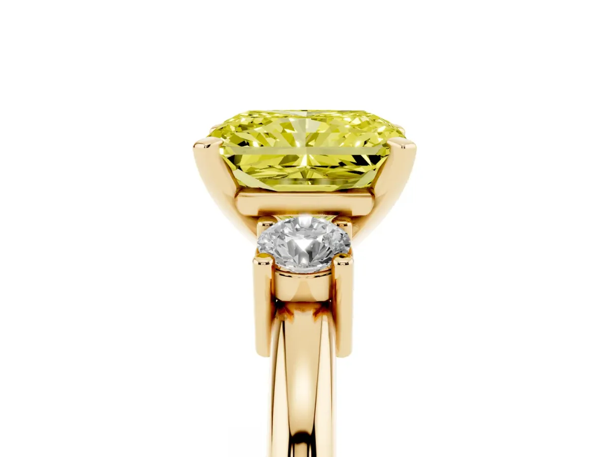 Fancy Yellow Three-Stone Radiant Cut Cut Diamond Solitaire with Prong Setting and Classic Band Yellow gold