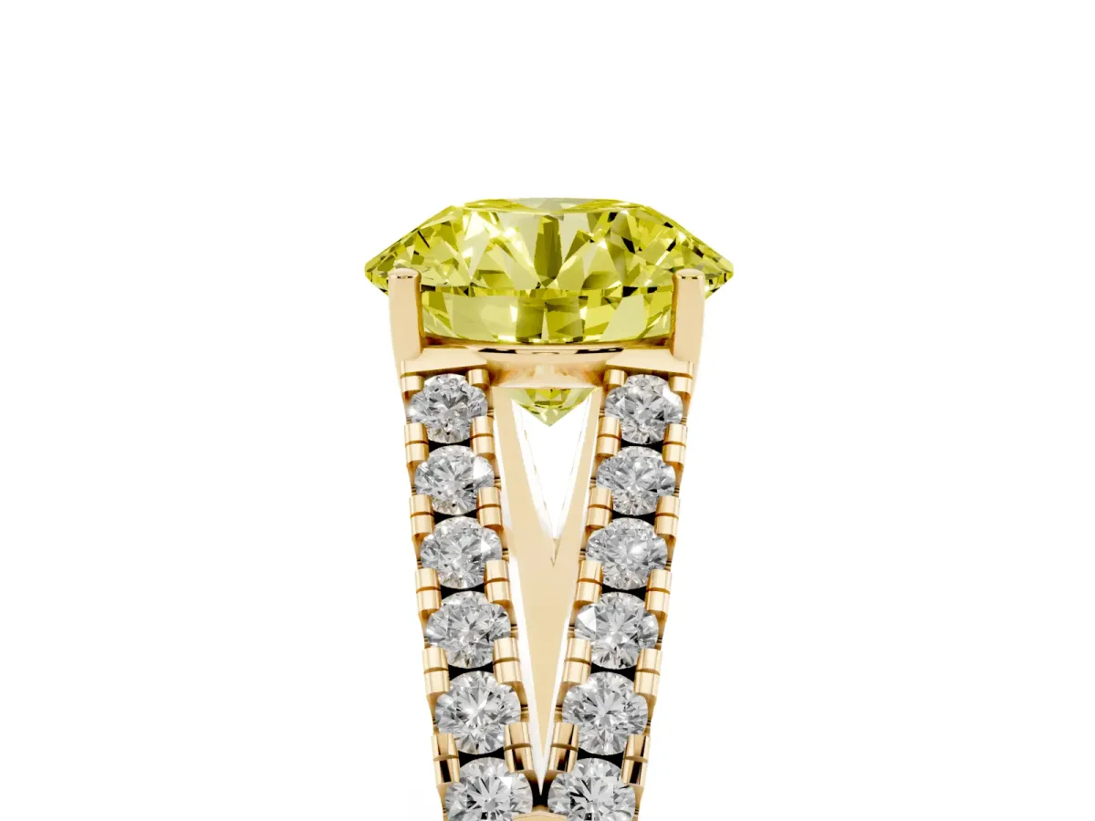 Fancy Yellow Round Cut Diamond Split Shank Pavé Engagement Ring with Four-Prong Setting Yellow gold