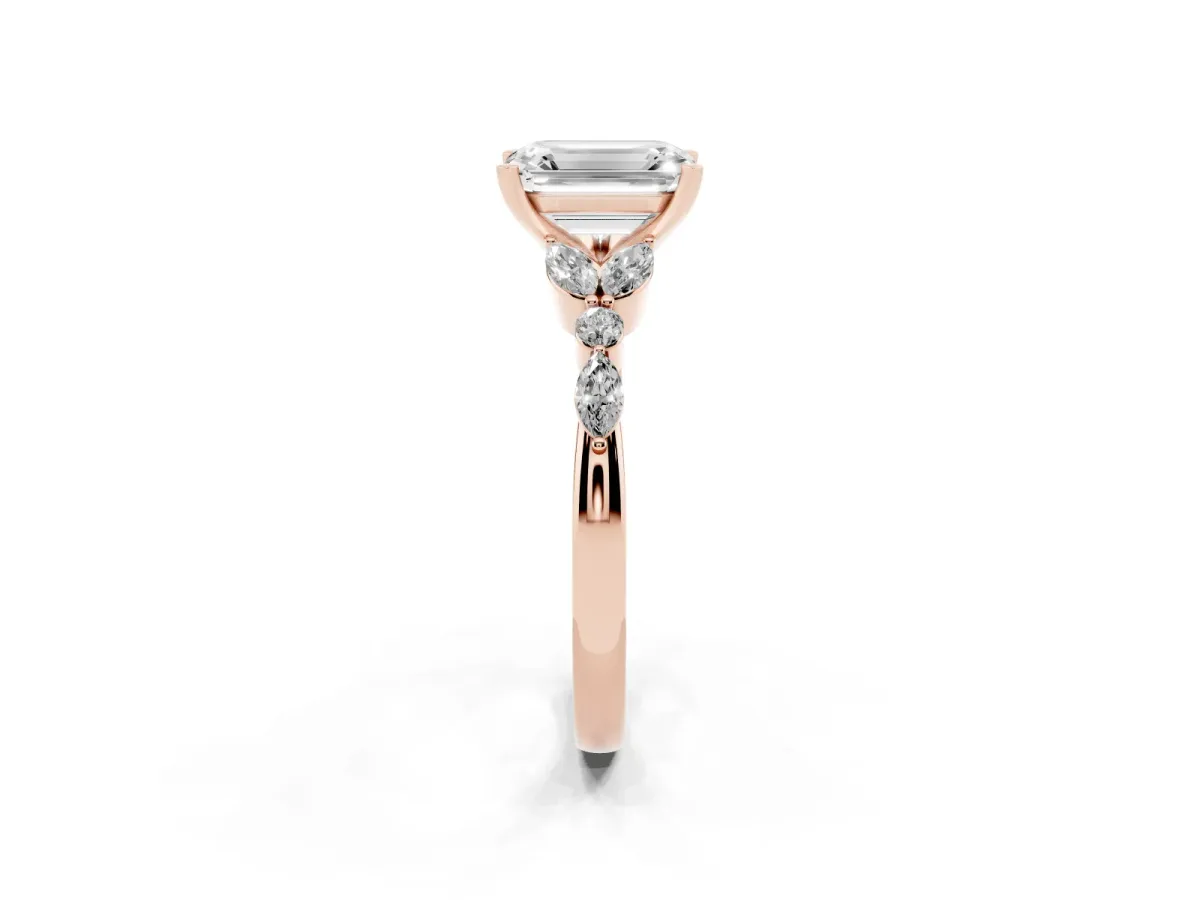 Emerald Cut Diamond Solitaire Ring with Side Stones and Four-Prong Setting Rose gold