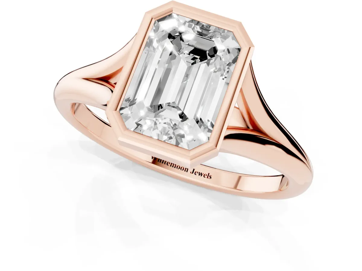 Bezel Set Emerald Cut Cut Solitaire Ring with Tapered Band Rose gold