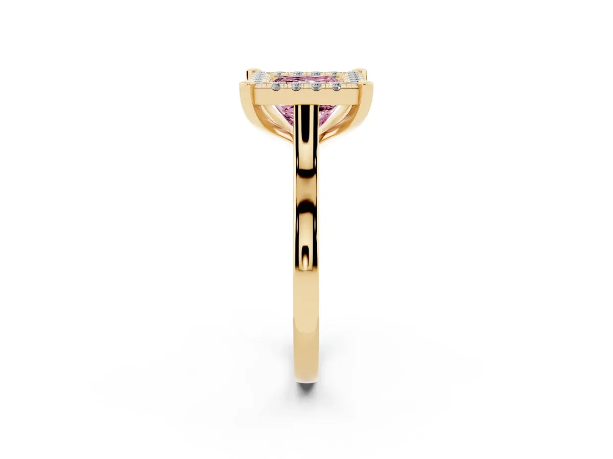 Fancy Pink Princess Cut Diamond Cluster Halo Solitaire with Four-Prong Setting Yellow gold
