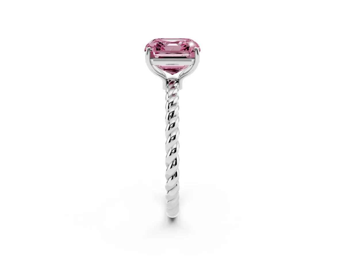 Fancy Pink Asscher Cut Solitaire Twist Band Ring with Four-Prong Setting Silver