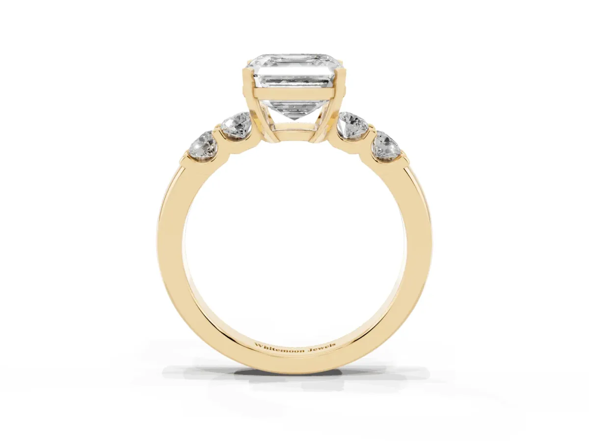 Asscher Cut Brilliant Cut Diamond Five-Stone Prong Set Engagement Ring with Channel Band Yellow gold