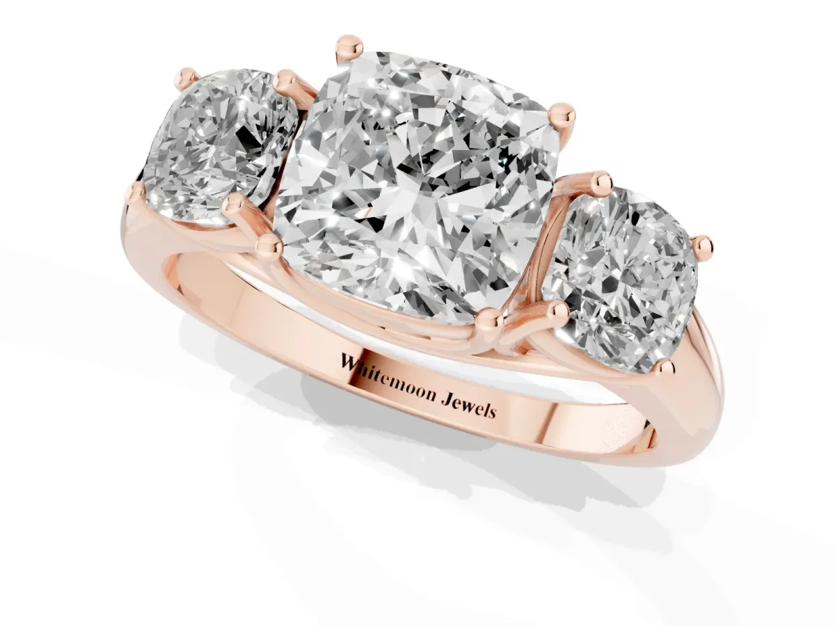 Three-Stone Cushion Cut Diamond Engagement Ring with Prong Setting Rose gold