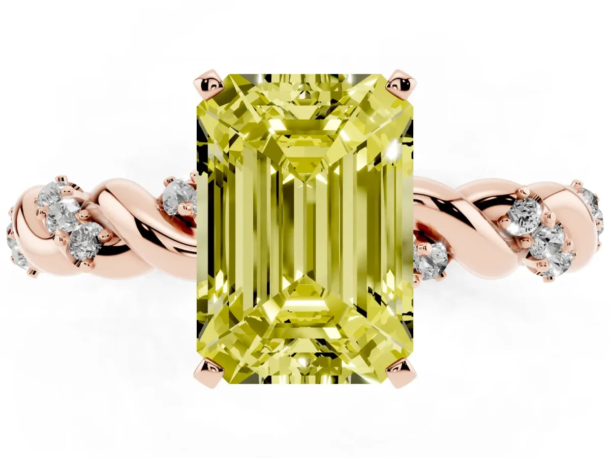Fancy Yellow Emerald Cut Diamond Solitaire Ring with Twisted Band and Pavé Accents Rose gold
