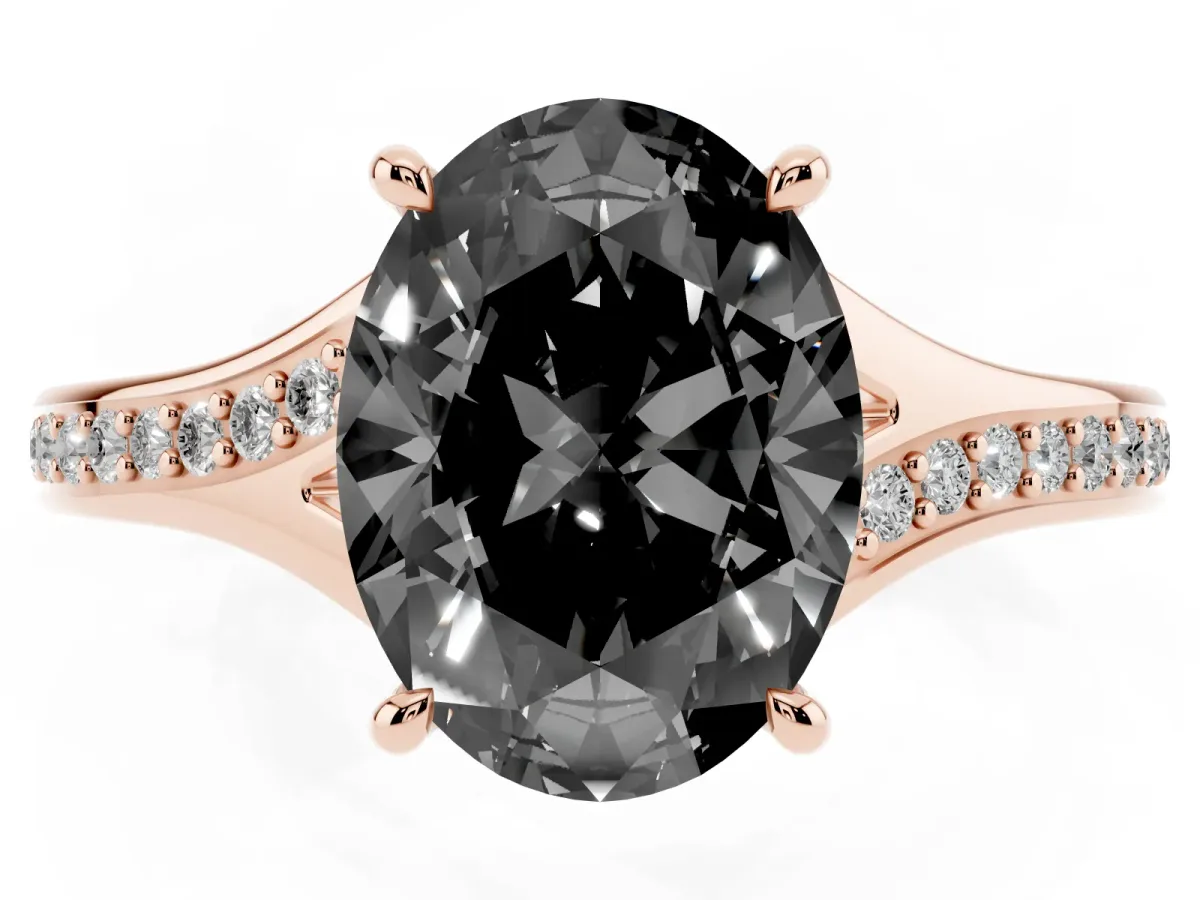 Fancy Black Oval Cut Diamond Solitaire Ring with Pavé Band and Prong Setting Rose gold