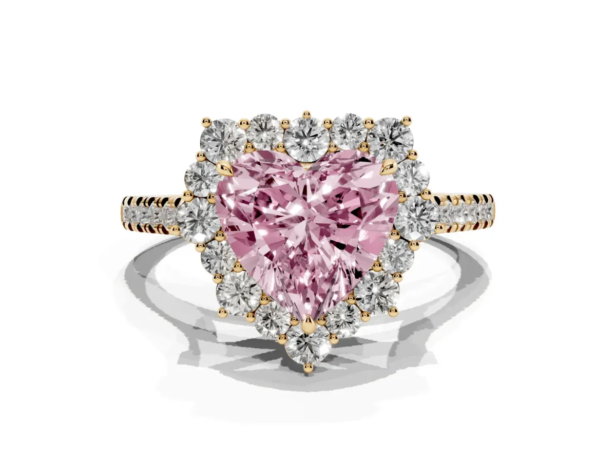 Fancy Pink Heart Cut Halo Diamond Ring with Pavé Band and Prong Setting Yellow gold