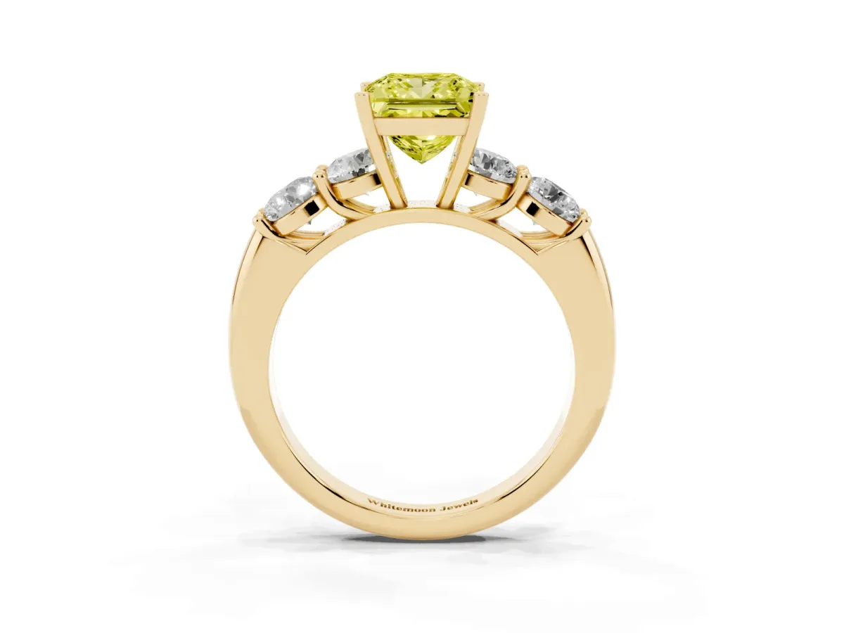 Fancy Yellow Princess Cut Cut Five-Stone Prong Set Diamond Ring with Classic Band Yellow gold
