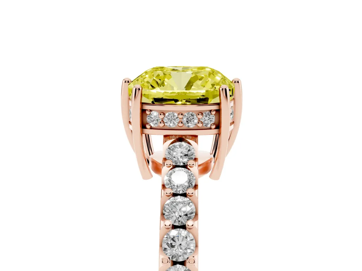 Fancy Yellow Cushion Cut Solitaire Diamond Engagement Ring with Pavé Band and Six-Prong Setting Rose gold