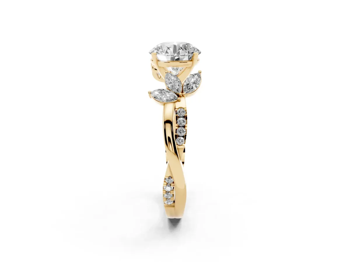 Round Cut Diamond Floral Vine Solitaire Engagement Ring Yellow gold