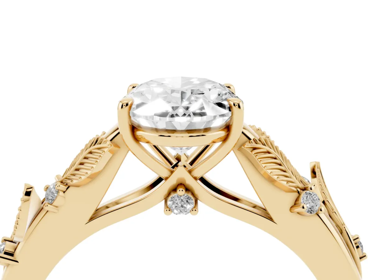 Oval Cut Diamond Solitaire Ring with Leaf Motif Band and Four-Prong Setting Yellow gold