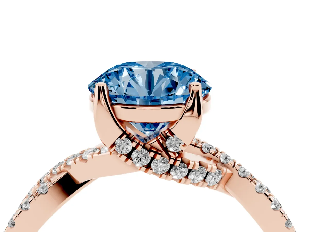 Fancy Blue Round Cut Solitaire Twist Pave Diamond Engagement Ring with Prong Setting Rose gold
