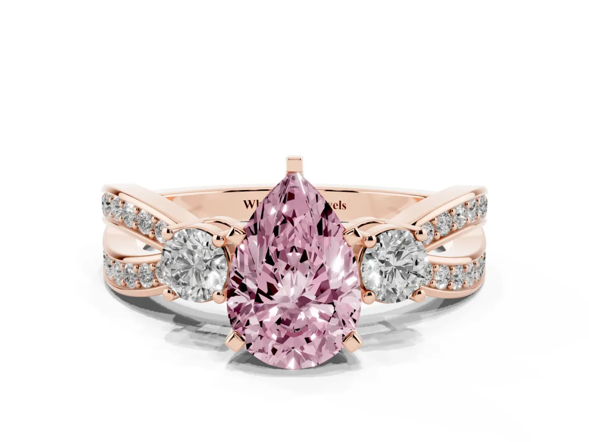 Fancy Pink Three-Stone Pear Cut Cut Diamond Twist Band with Prong Setting Rose gold