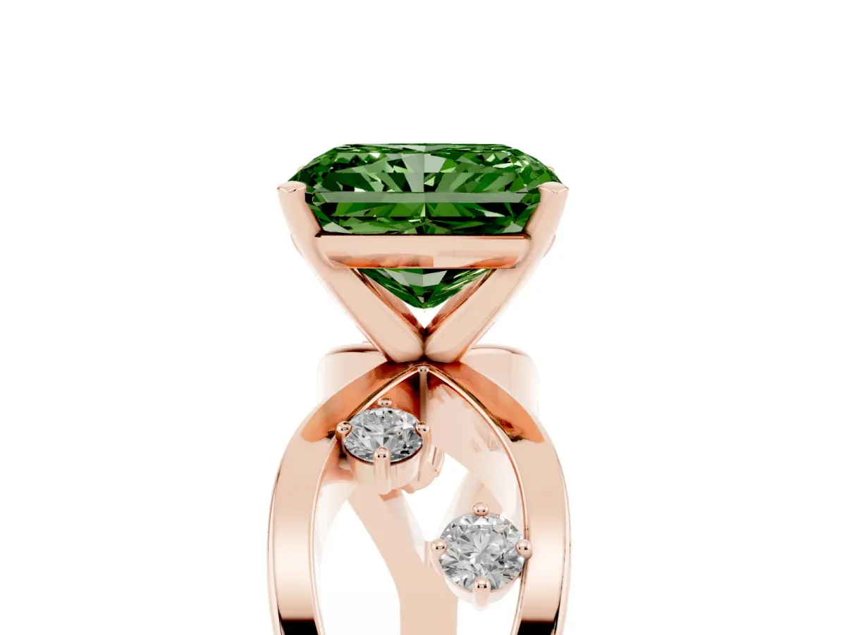 Fancy Green Radiant Cut Cut Solitaire Diamond with Side Stones on Criss-Cross Band and Four-Prong Setting Rose gold