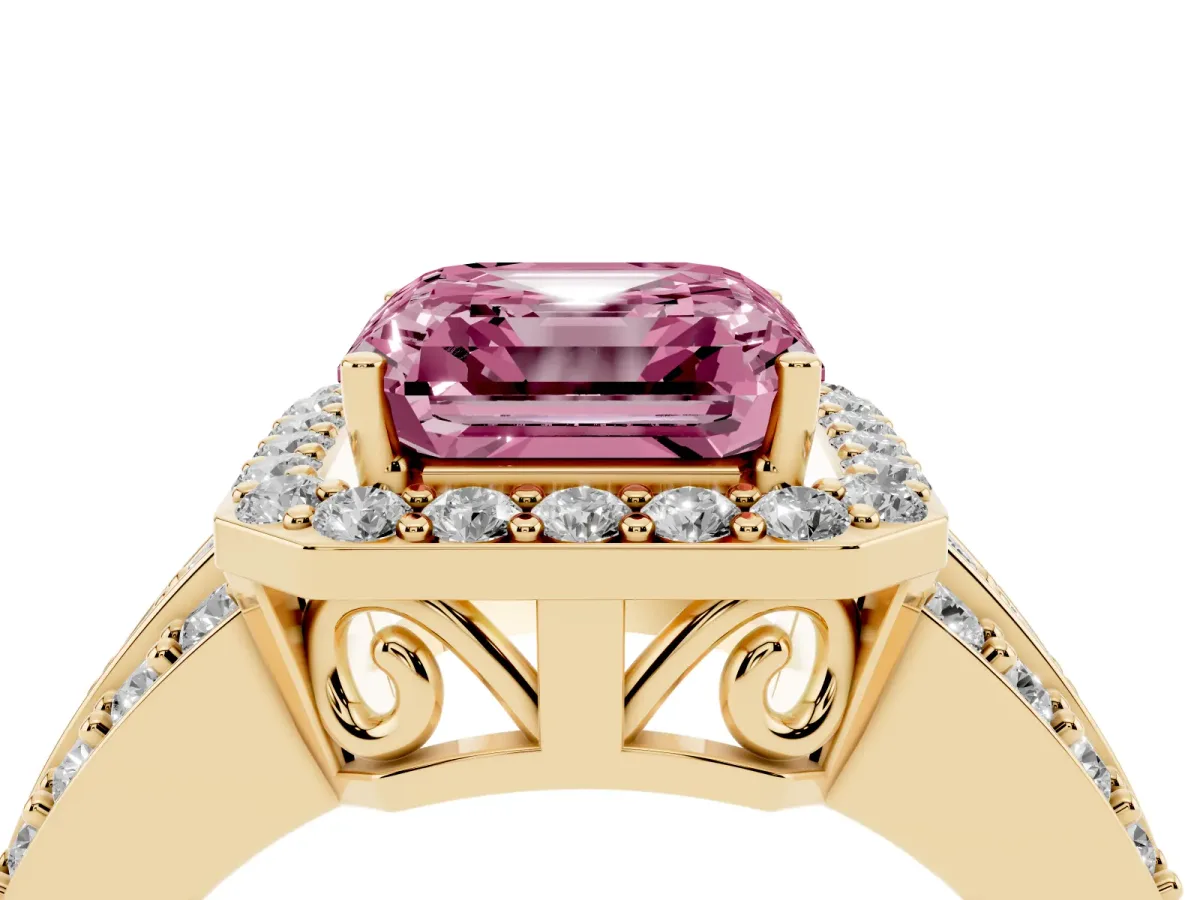 Fancy Pink Asscher Cut Halo Diamond Ring with Round Split Shank and Prong Setting Yellow gold