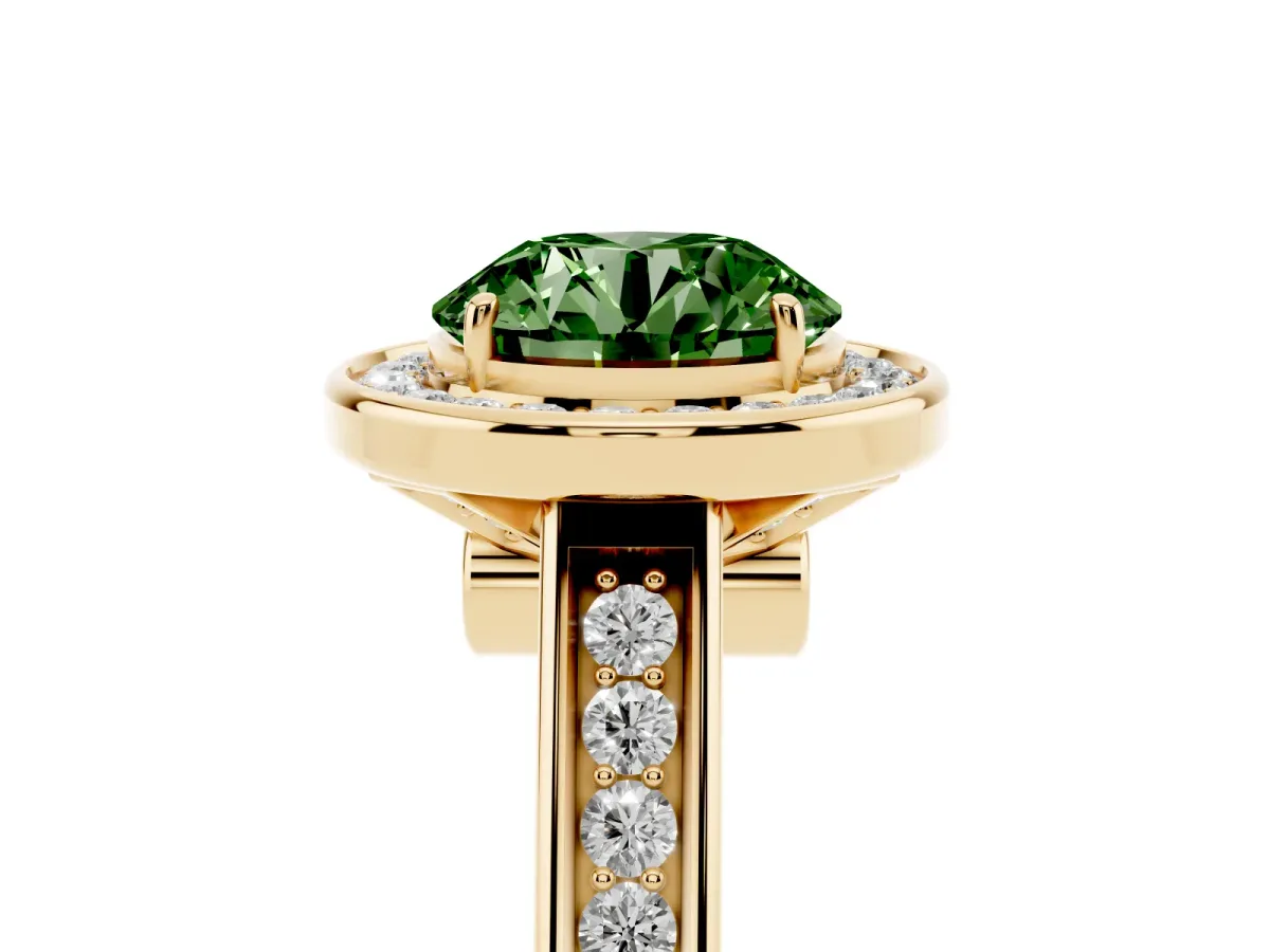 Fancy Green Round Cut Halo Solitaire Diamond Ring with Pave Band and Bezel Setting Yellow gold