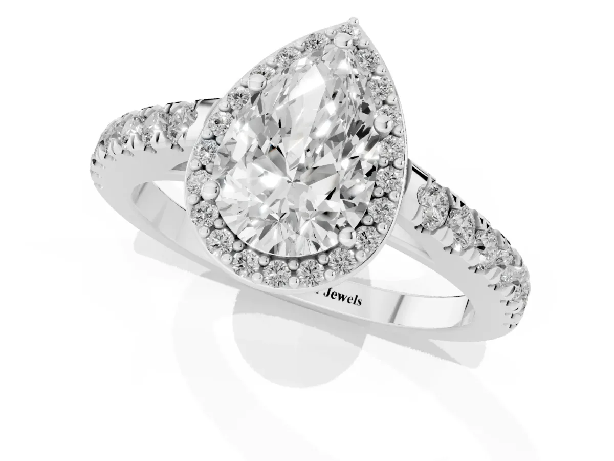 Pear Cut Cut Halo Diamond Engagement Ring with Pave Band and Four-Prong Setting Platinum