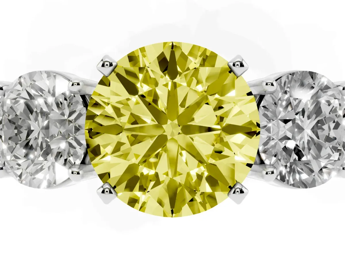 Fancy Yellow Three-Stone Round Cut Diamond Ring with Round Side Stones, Classic Band, and Four-Prong Setting White gold