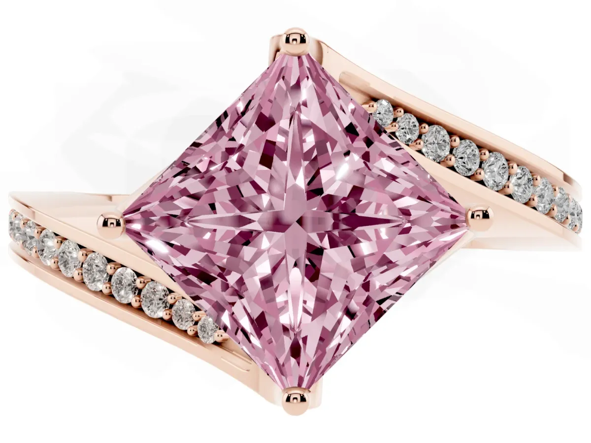 Fancy Pink Princess Cut Solitaire Diamond Twist Band with Pavé Setting and Four-Prong Setting Rose gold