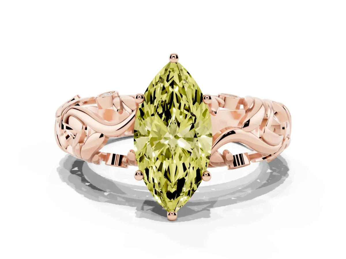 Fancy Yellow Marquise Cut Solitaire Diamond Leaf-Inspired Vine Band Ring with Prong Setting Rose gold