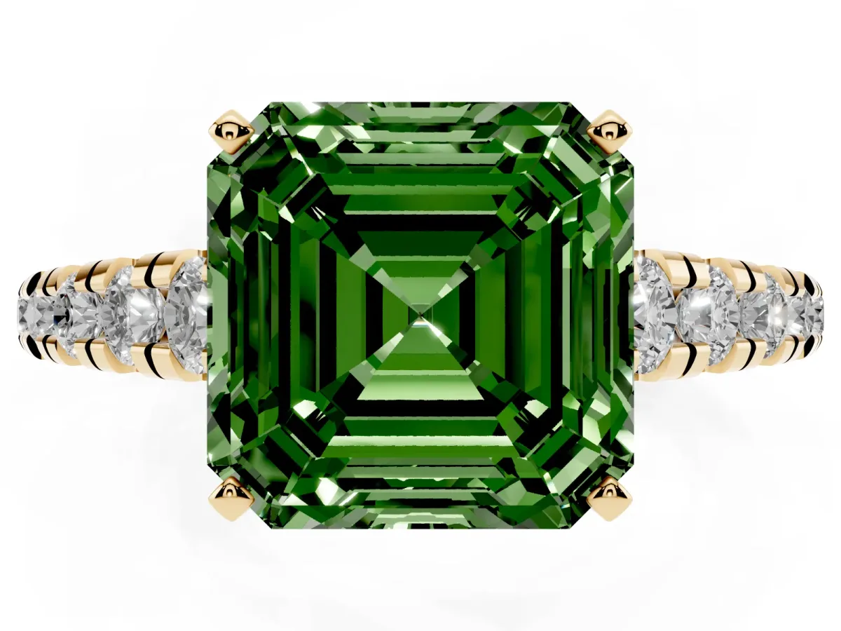 Fancy Green Asscher Cut Diamond Cathedral Solitaire Ring with Round Pavé Band Yellow gold