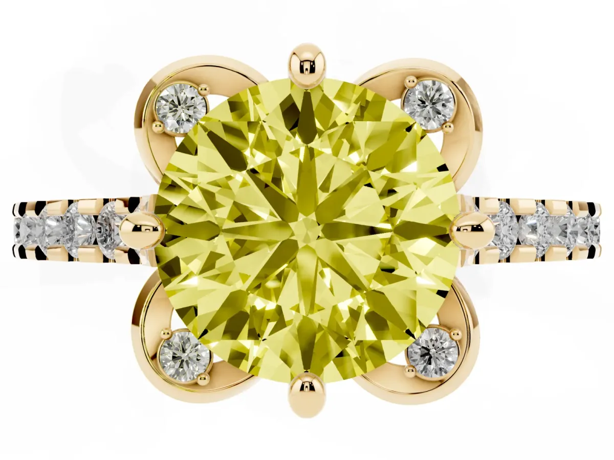 Fancy Yellow Round Cut Diamond Ring with Pavé Band and Floral Prong Setting Yellow gold