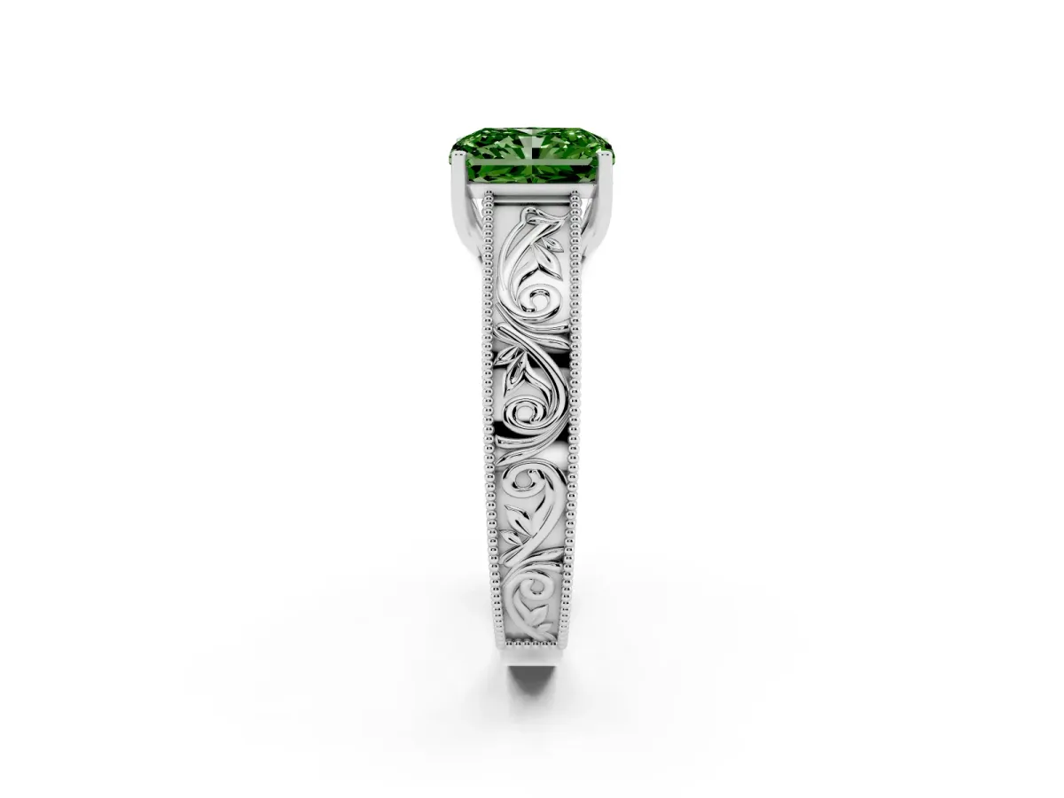 Fancy Green Radiant Cut Diamond Solitaire Ring with Engraved Band and Four-Prong Setting Platinum