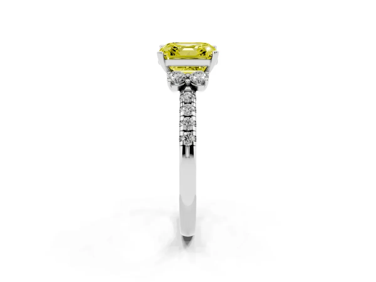 Fancy Yellow Asscher Cut Diamond Three-Stone Pave Band with Four-Prong Setting Silver
