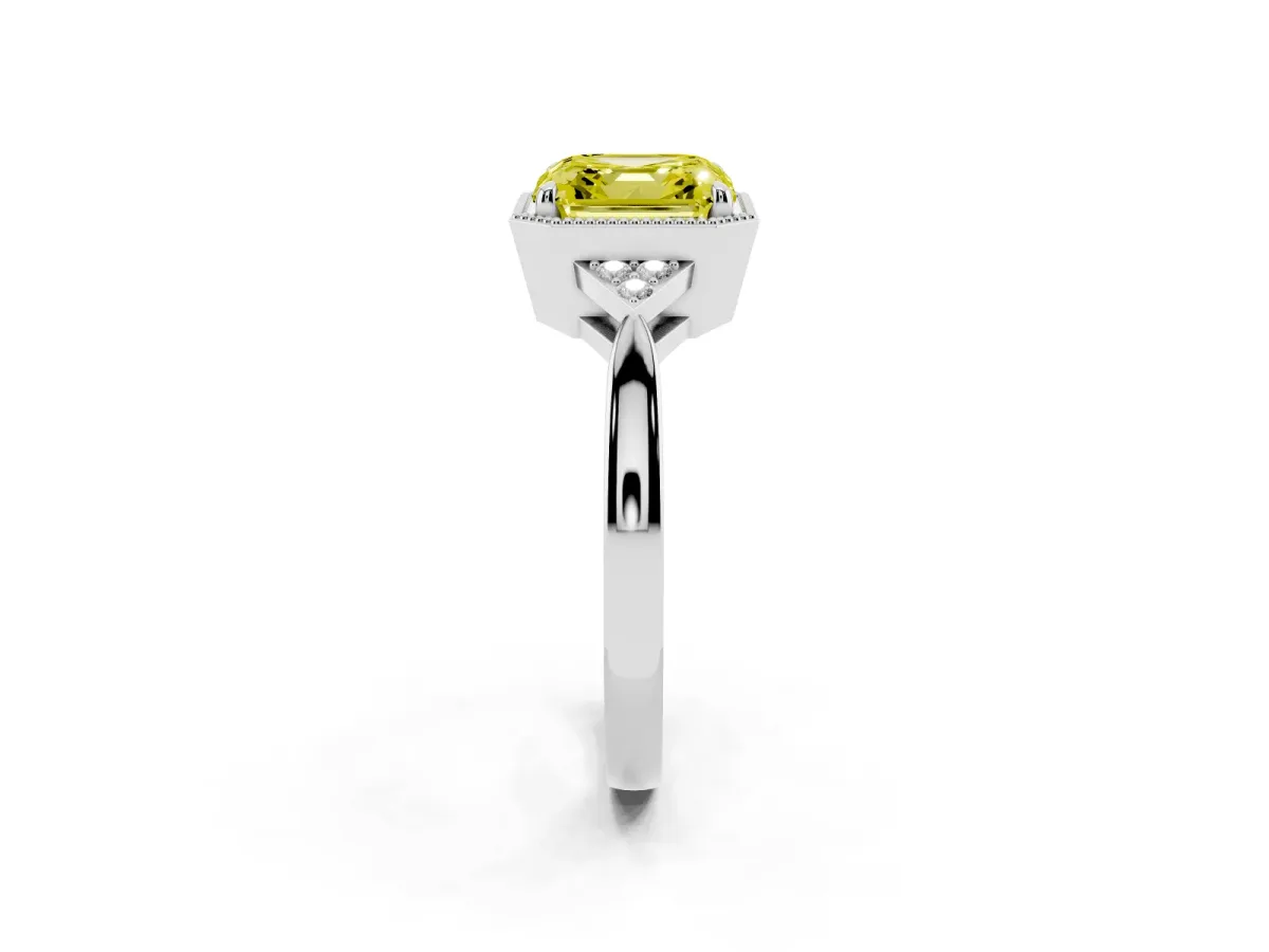 Fancy Yellow Asscher Cut Diamond Halo Ring with Tapered Band and Four-Prong Setting Platinum
