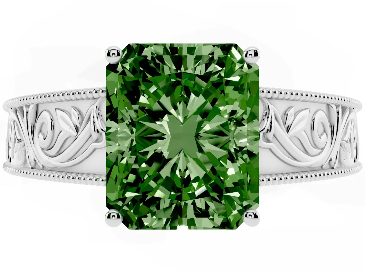 Fancy Green Radiant Cut Diamond Solitaire Ring with Engraved Band and Four-Prong Setting Platinum