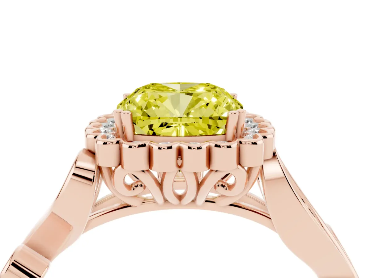 Fancy Yellow Cushion Cut Diamond Halo Ring with Vintage Split Shank and Four-Prong Setting Rose gold
