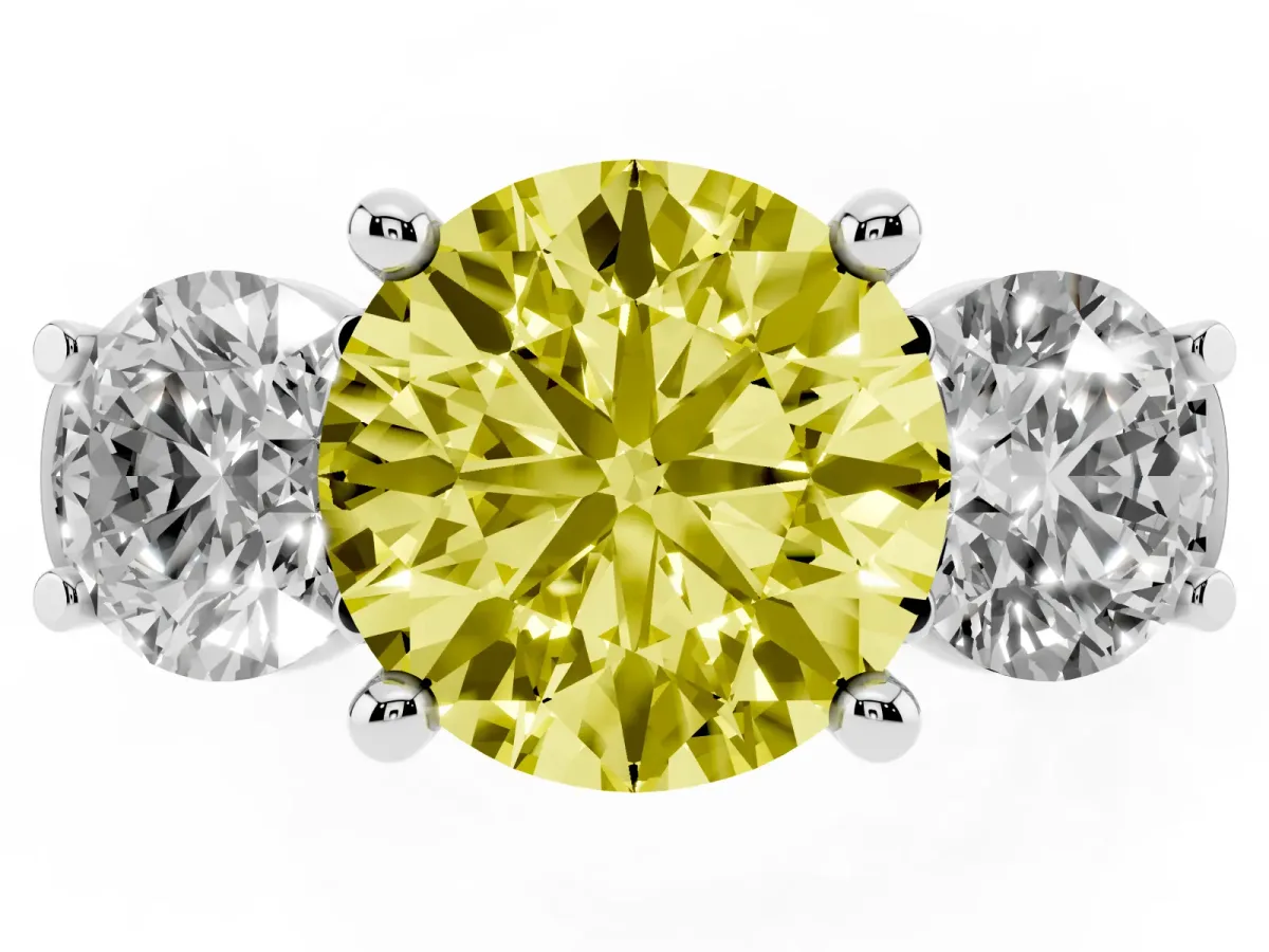 Fancy Yellow Three-Stone Round Cut Brilliant Diamond Trellis Ring with Comfort Fit Band Silver
