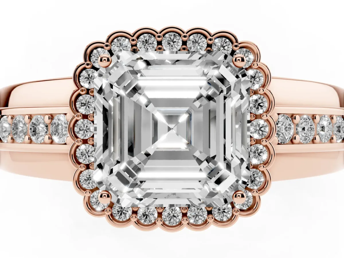 Asscher Cut Cut Halo Pave Band Four-Prong Ring Rose gold
