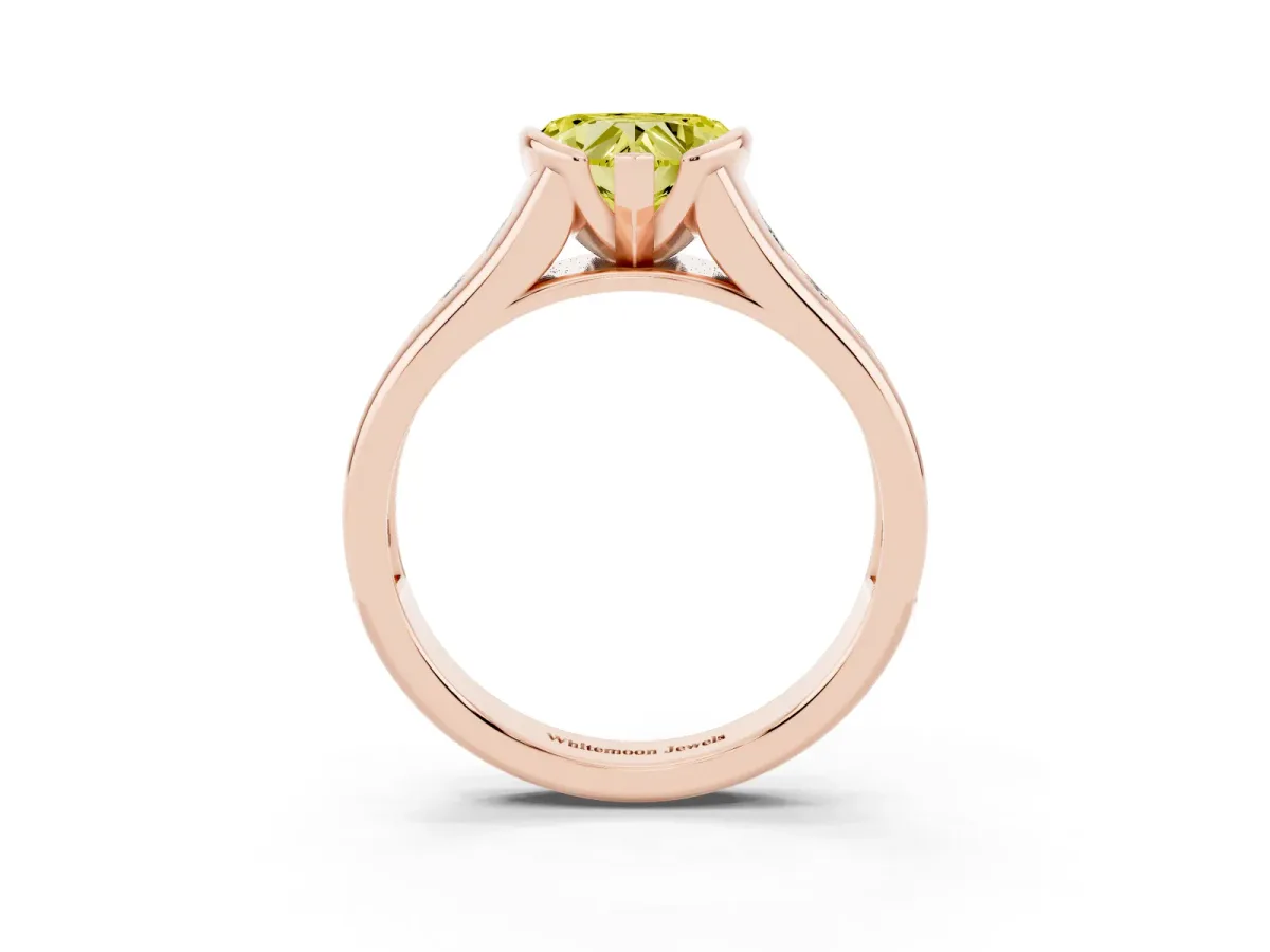 Fancy Yellow Heart Cut Solitaire Bezel-Set Diamond Ring with Channel-Set Band Rose gold