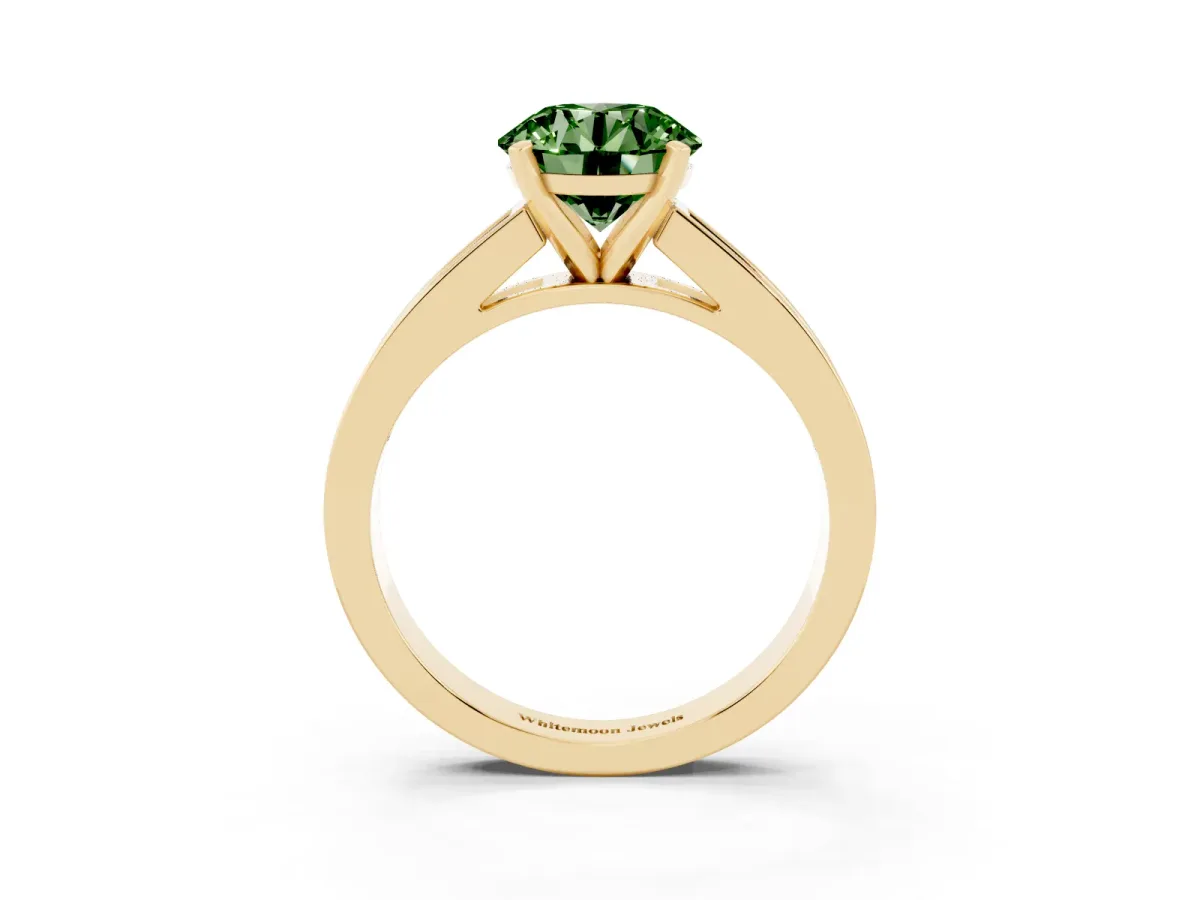 Fancy Green Round Cut Solitaire Diamond Ring with Channel-Set Band and Four-Prong Setting Yellow gold