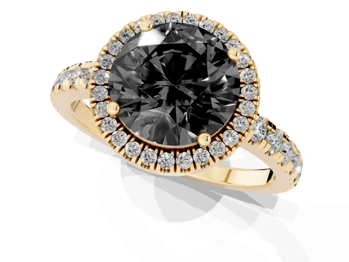 Fancy Black Round Cut Diamond Halo Ring with Pavé Band and Four-Prong Setting Yellow gold