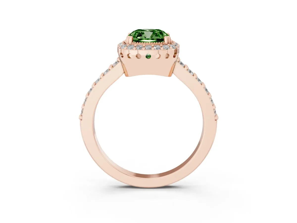 Fancy Green Cushion Cut Cut Diamond Halo Engagement Ring with Milgrain Detail and Pavé Band Rose gold