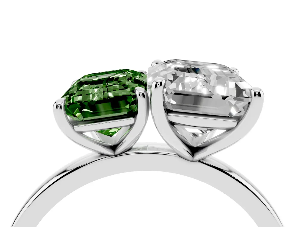 Fancy Green Emerald Cut and Emerald Cut Toi Moi Ring with Prong Setting Platinum