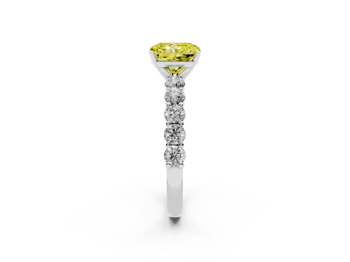 Fancy Yellow Radiant Cut Diamond Solitaire Ring with Shared Prong Round Side Stones Platinum