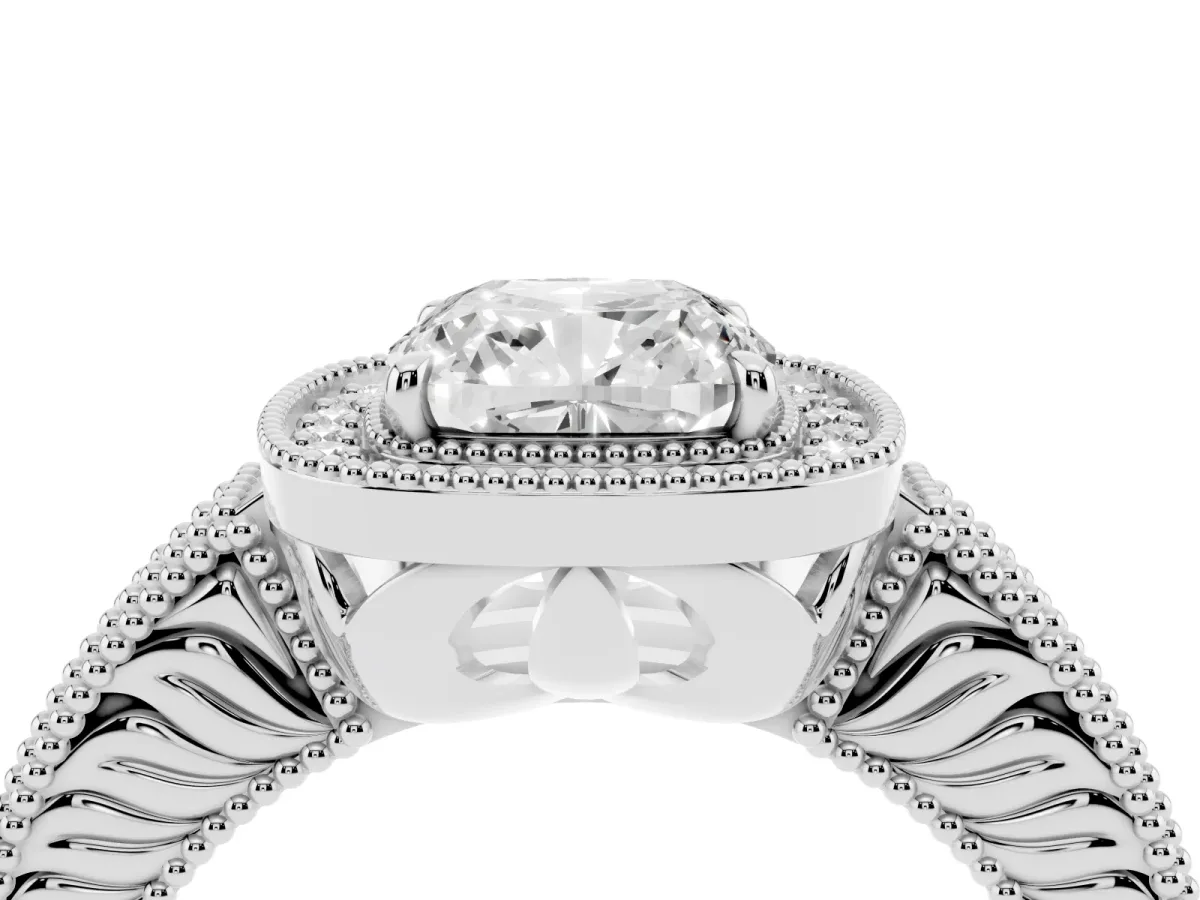 Cushion Cut Cut Halo Diamond Ring with Pavé Band and Four-Prong Setting Silver