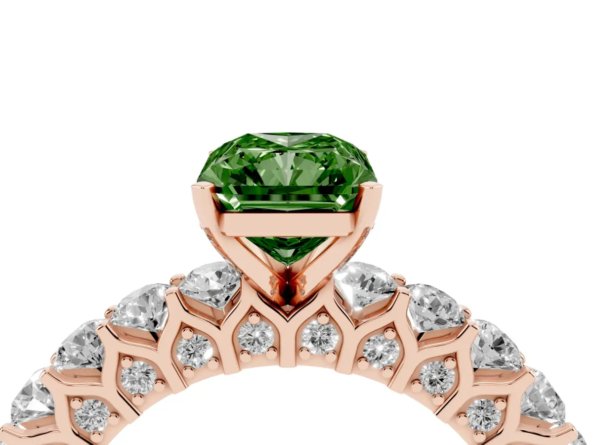 Fancy Green Radiant Cut Diamond Solitaire Ring with Shared Prong Pavé Band and Four-Prong Setting Rose gold