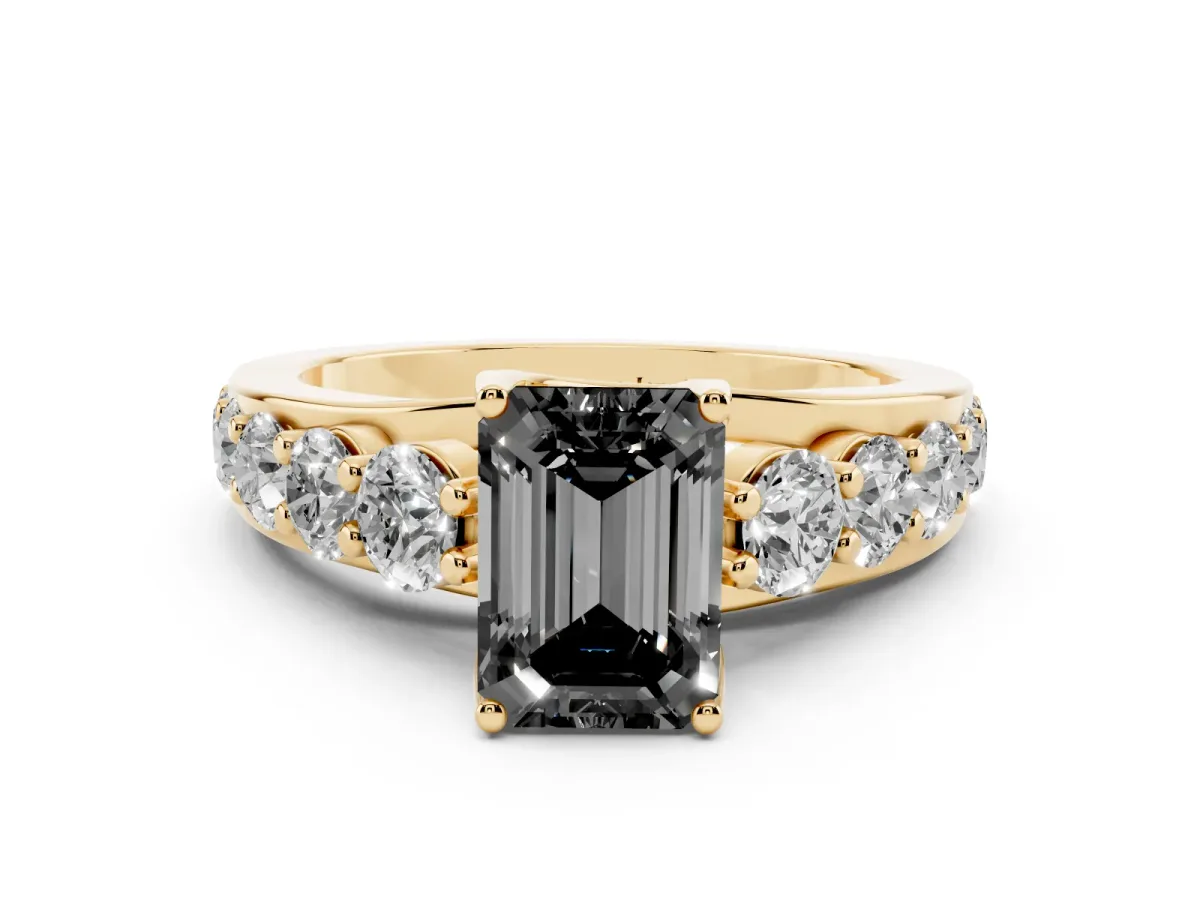 Fancy Black Emerald Cut Diamond Engagement Ring with Pavé Band and Four-Prong Setting Yellow gold