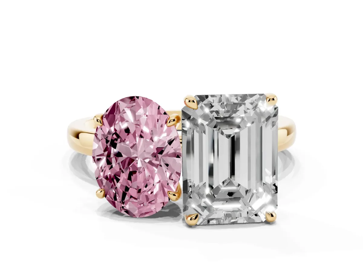Fancy Pink Oval Cut and Emerald Cut Toi Moi Ring with Prong Setting Yellow gold