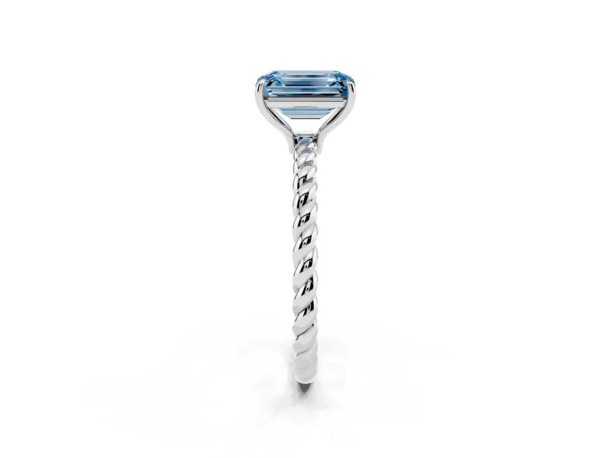 Fancy Blue Emerald Cut Solitaire Twisted Band 4-Prong Ring Silver